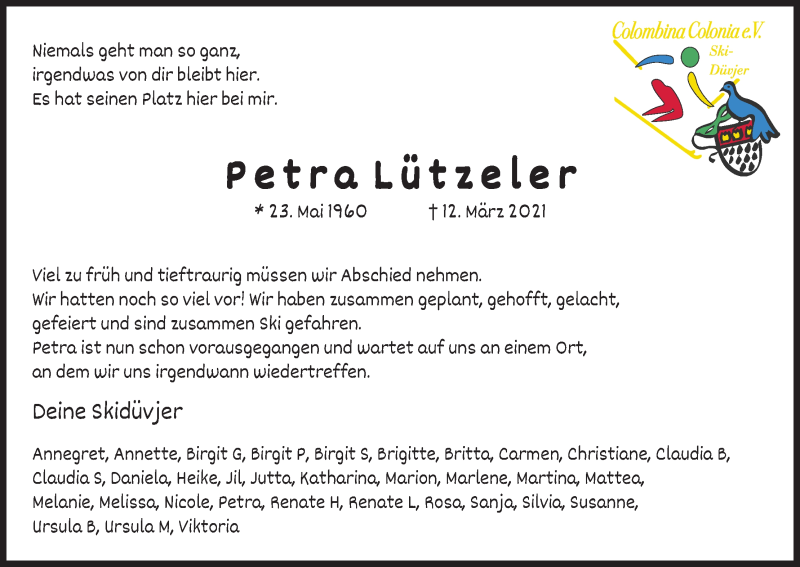  Traueranzeige für Petra Lützeler vom 20.03.2021 aus Kölner Stadt-Anzeiger / Kölnische Rundschau / Express