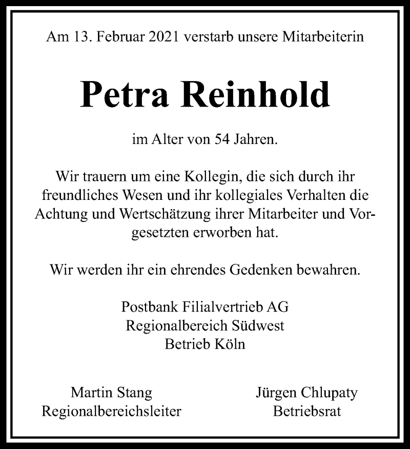  Traueranzeige für Petra Reinhold vom 13.03.2021 aus Kölner Stadt-Anzeiger / Kölnische Rundschau / Express