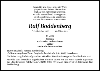 Anzeige von Ralf Boddenberg von Kölner Stadt-Anzeiger / Kölnische Rundschau / Express