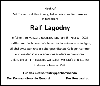 Anzeige von Ralf Lagodny von Kölner Stadt-Anzeiger / Kölnische Rundschau / Express