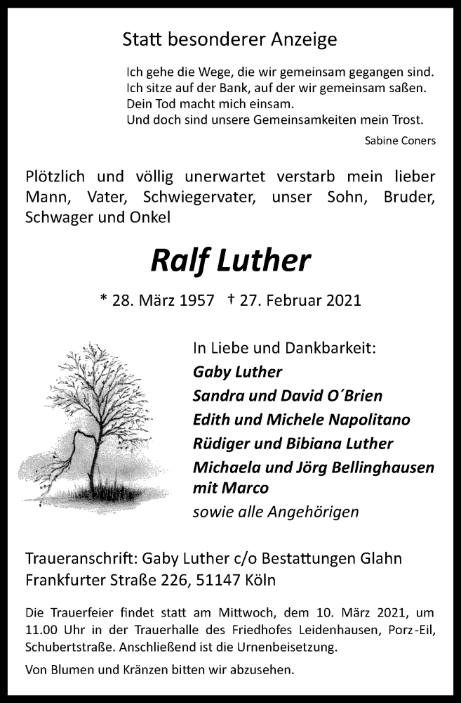 Traueranzeige für Ralf Luther vom 05.03.2021 aus  Kölner Wochenspiegel 