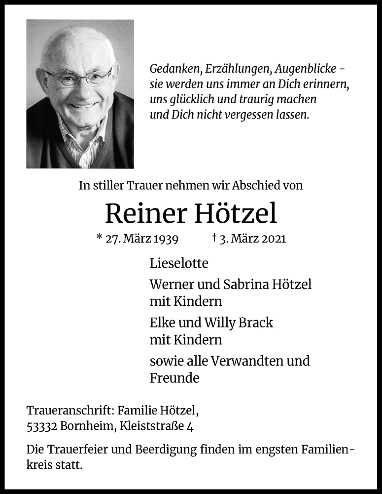  Traueranzeige für Reiner Hötzel vom 06.03.2021 aus Kölner Stadt-Anzeiger / Kölnische Rundschau / Express
