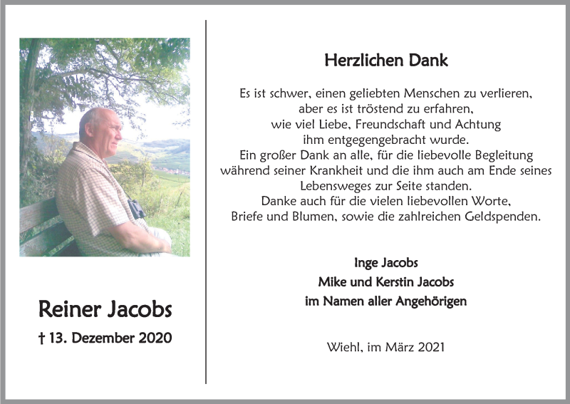  Traueranzeige für Reiner Jacobs vom 06.03.2021 aus Kölner Stadt-Anzeiger / Kölnische Rundschau / Express