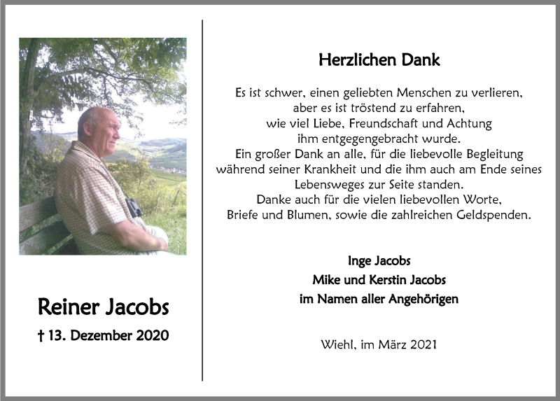  Traueranzeige für Reiner Jacobs vom 05.03.2021 aus  Anzeigen Echo 