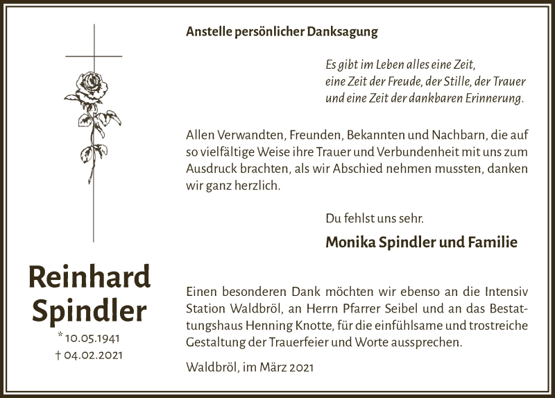  Traueranzeige für Reinhard Spindler vom 12.03.2021 aus  Lokalanzeiger 