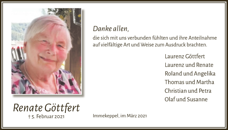  Traueranzeige für Renate Göttfert vom 19.03.2021 aus  Bergisches Handelsblatt 