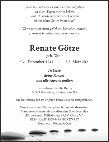 Anzeige von Renate Götze von  Kölner Wochenspiegel 