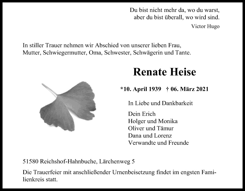  Traueranzeige für Renate Heise vom 10.03.2021 aus Kölner Stadt-Anzeiger / Kölnische Rundschau / Express