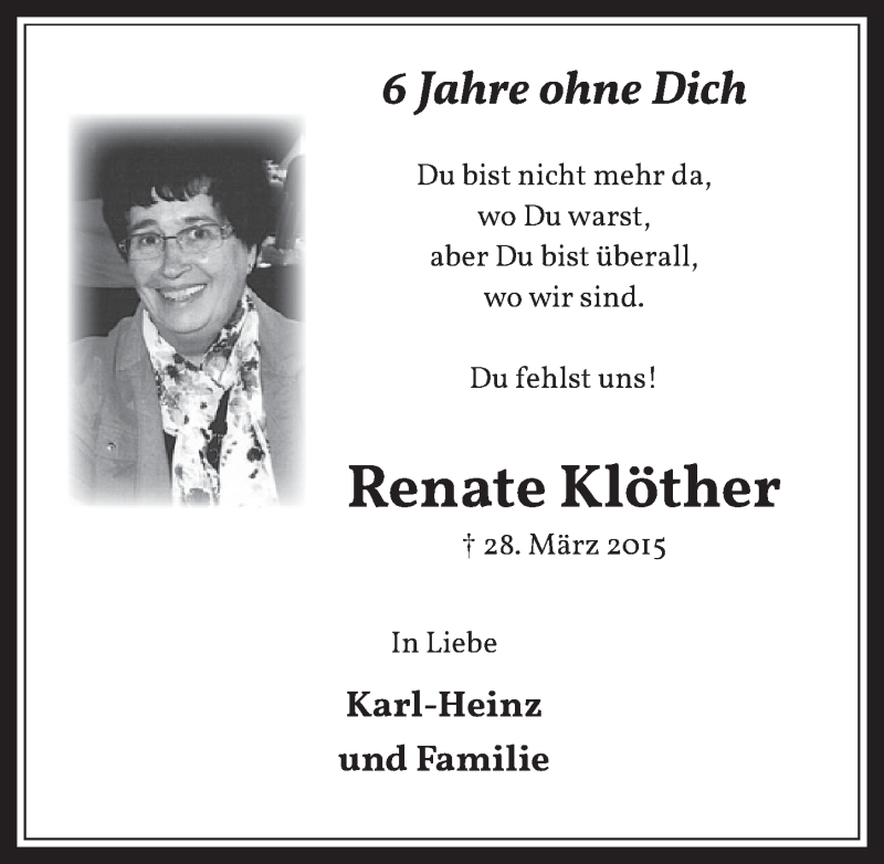  Traueranzeige für Renate Klöther vom 18.07.2023 aus  Wochenende 