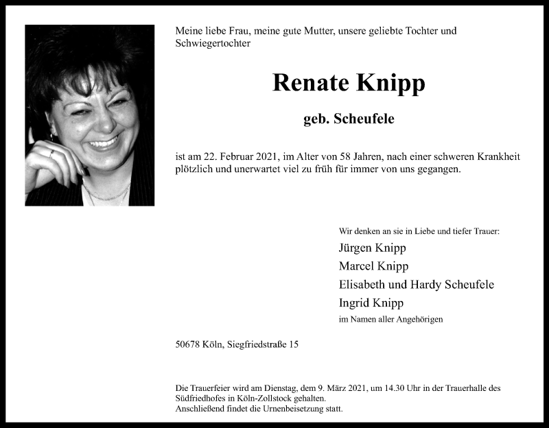  Traueranzeige für Renate Knipp vom 06.03.2021 aus Kölner Stadt-Anzeiger / Kölnische Rundschau / Express