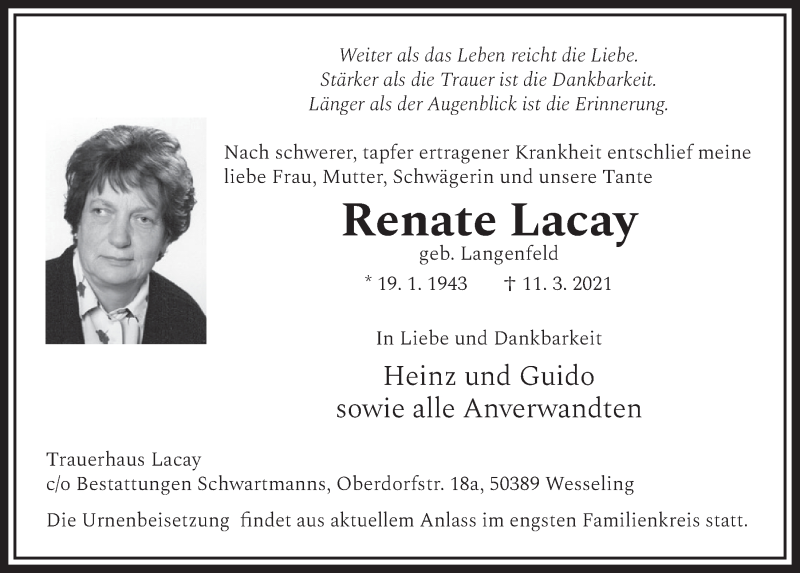  Traueranzeige für Renate Lacay vom 19.03.2021 aus  Schlossbote/Werbekurier 