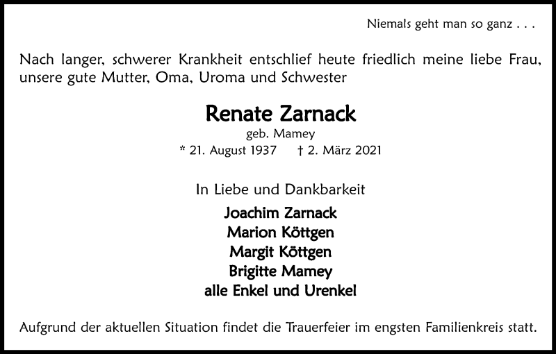  Traueranzeige für Renate Zarnack vom 06.03.2021 aus Kölner Stadt-Anzeiger / Kölnische Rundschau / Express
