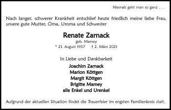 Anzeige von Renate Zarnack von  Anzeigen Echo 