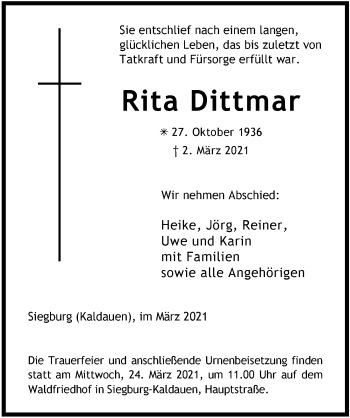 Anzeige von Rita Dittmar von  Extra Blatt 