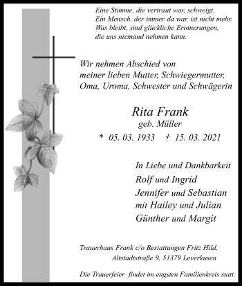 Anzeige von Rita Frank von Kölner Stadt-Anzeiger / Kölnische Rundschau / Express
