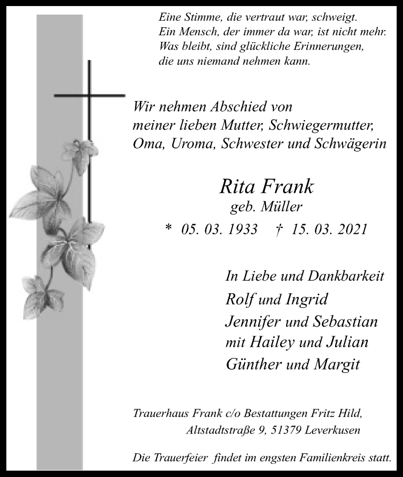  Traueranzeige für Rita Frank vom 20.03.2021 aus Kölner Stadt-Anzeiger / Kölnische Rundschau / Express