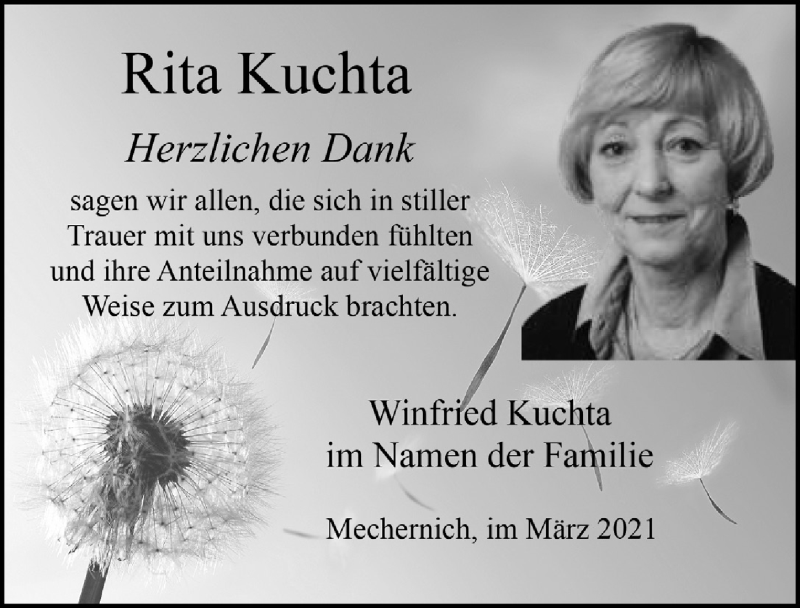  Traueranzeige für Rita Kuchta vom 13.03.2021 aus  Blickpunkt Euskirchen 