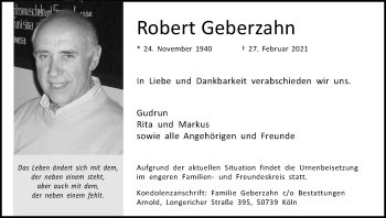 Anzeige von Robert Geberzahn von Kölner Stadt-Anzeiger / Kölnische Rundschau / Express