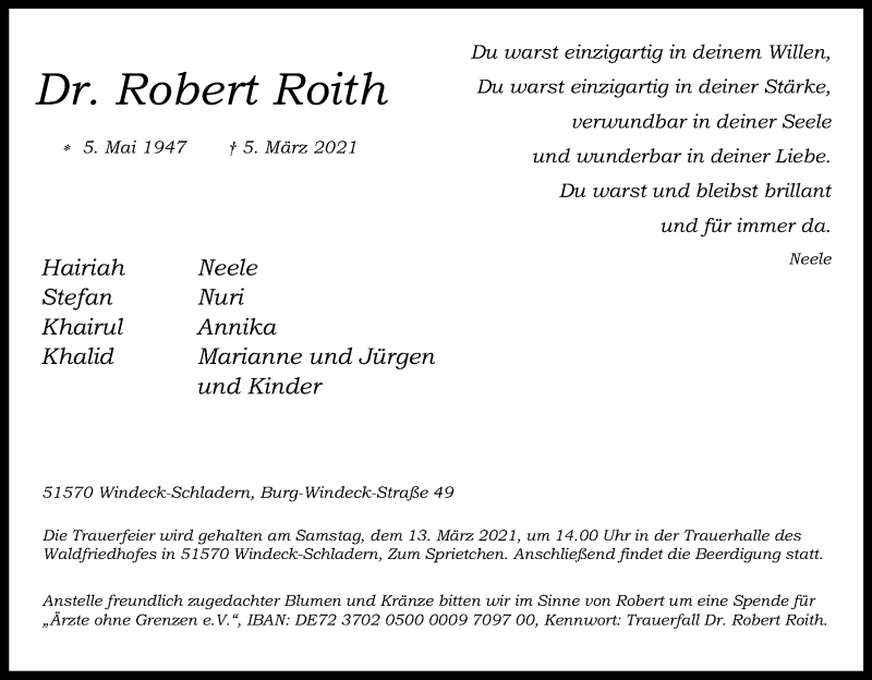  Traueranzeige für Robert Roith vom 10.03.2021 aus Kölner Stadt-Anzeiger / Kölnische Rundschau / Express