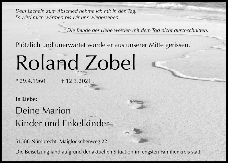  Traueranzeige für Roland Zobel vom 26.03.2021 aus  Anzeigen Echo  Lokalanzeiger 