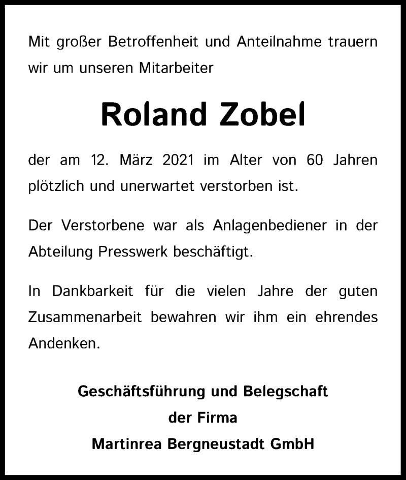  Traueranzeige für Roland Zobel vom 20.03.2021 aus Kölner Stadt-Anzeiger / Kölnische Rundschau / Express