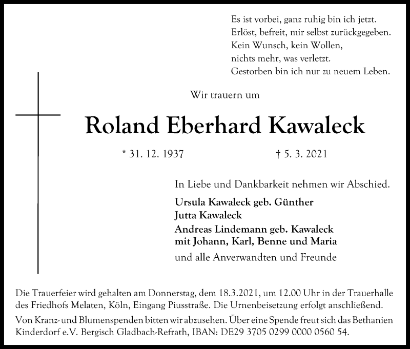  Traueranzeige für Roland Eberhard Kawaleck vom 13.03.2021 aus Kölner Stadt-Anzeiger / Kölnische Rundschau / Express