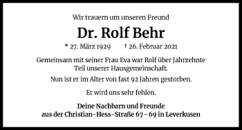 Anzeige von Rolf Behr von Kölner Stadt-Anzeiger / Kölnische Rundschau / Express