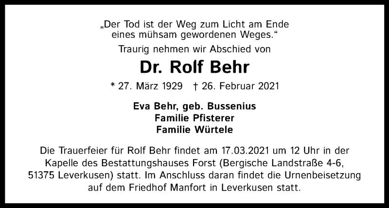  Traueranzeige für Rolf Behr vom 13.03.2021 aus Kölner Stadt-Anzeiger / Kölnische Rundschau / Express