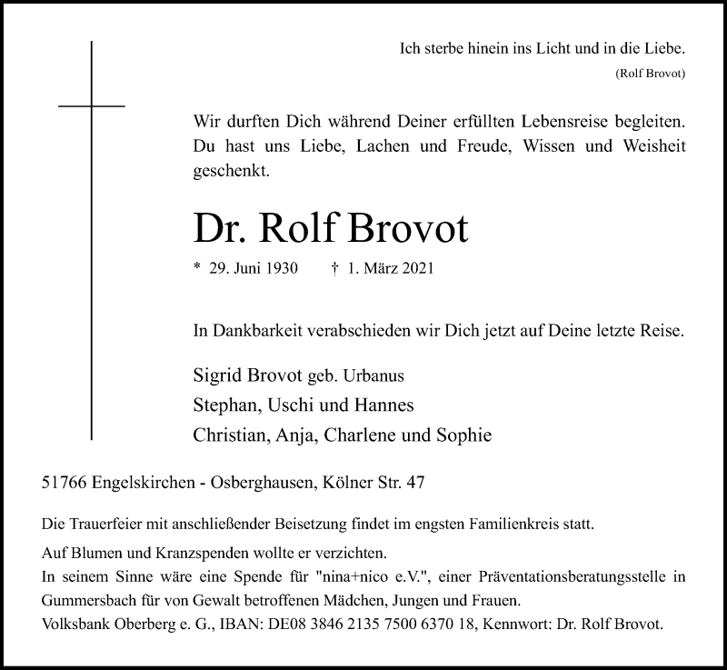  Traueranzeige für Rolf Brovot vom 13.03.2021 aus Kölner Stadt-Anzeiger / Kölnische Rundschau / Express