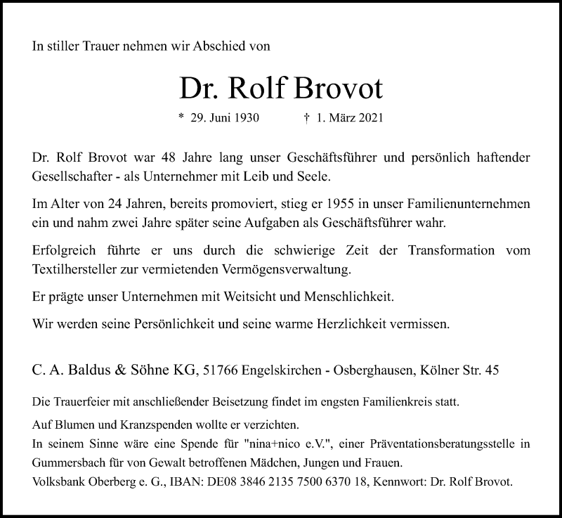  Traueranzeige für Rolf Brovot vom 13.03.2021 aus Kölner Stadt-Anzeiger / Kölnische Rundschau / Express