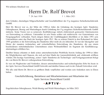 Anzeige von Rolf Brovot von Kölner Stadt-Anzeiger / Kölnische Rundschau / Express