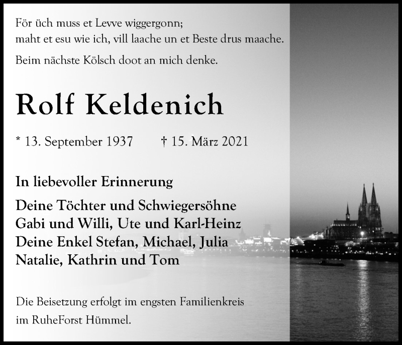  Traueranzeige für Rolf Keldenich vom 20.03.2021 aus Kölner Stadt-Anzeiger / Kölnische Rundschau / Express