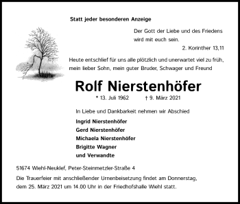 Anzeige von Rolf Nierstenhöfer von Kölner Stadt-Anzeiger / Kölnische Rundschau / Express