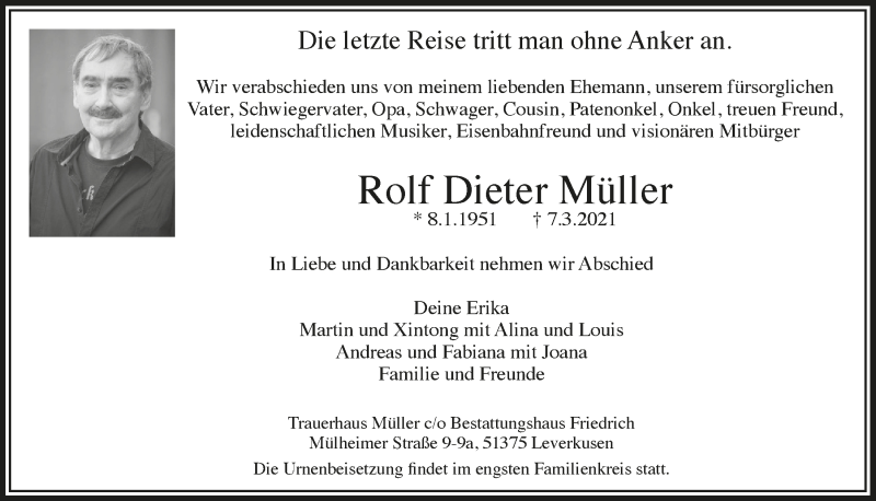  Traueranzeige für Rolf Dieter Müller vom 12.03.2021 aus  Lokale Informationen 