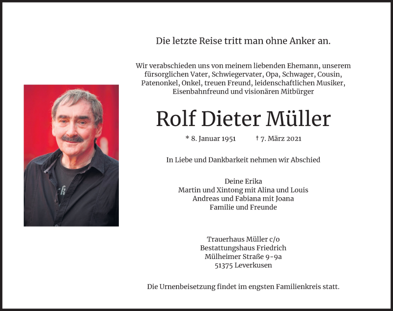  Traueranzeige für Rolf Dieter Müller vom 13.03.2021 aus Kölner Stadt-Anzeiger / Kölnische Rundschau / Express