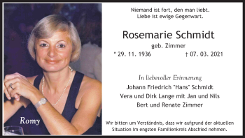 Anzeige von Rosemarie Schmidt von Kölner Stadt-Anzeiger / Kölnische Rundschau / Express