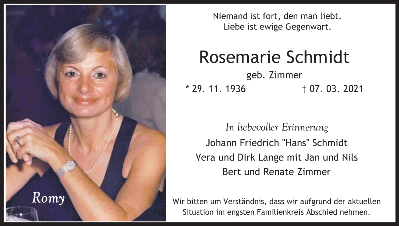  Traueranzeige für Rosemarie Schmidt vom 20.03.2021 aus Kölner Stadt-Anzeiger / Kölnische Rundschau / Express