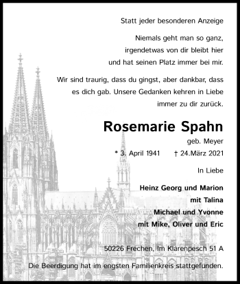 Anzeige von Rosemarie Spahn von Kölner Stadt-Anzeiger / Kölnische Rundschau / Express