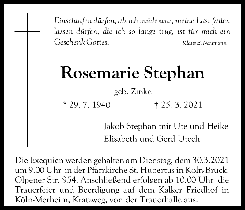  Traueranzeige für Rosemarie Stephan vom 27.03.2021 aus Kölner Stadt-Anzeiger / Kölnische Rundschau / Express