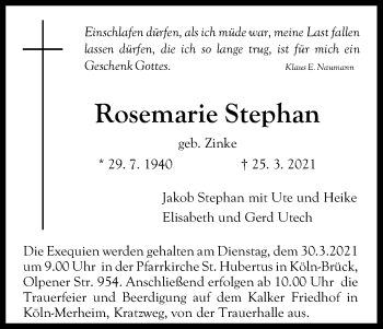 Anzeige von Rosemarie Stephan von Kölner Stadt-Anzeiger / Kölnische Rundschau / Express