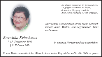 Anzeige von Roswitha Kriechmus von Kölner Stadt-Anzeiger / Kölnische Rundschau / Express