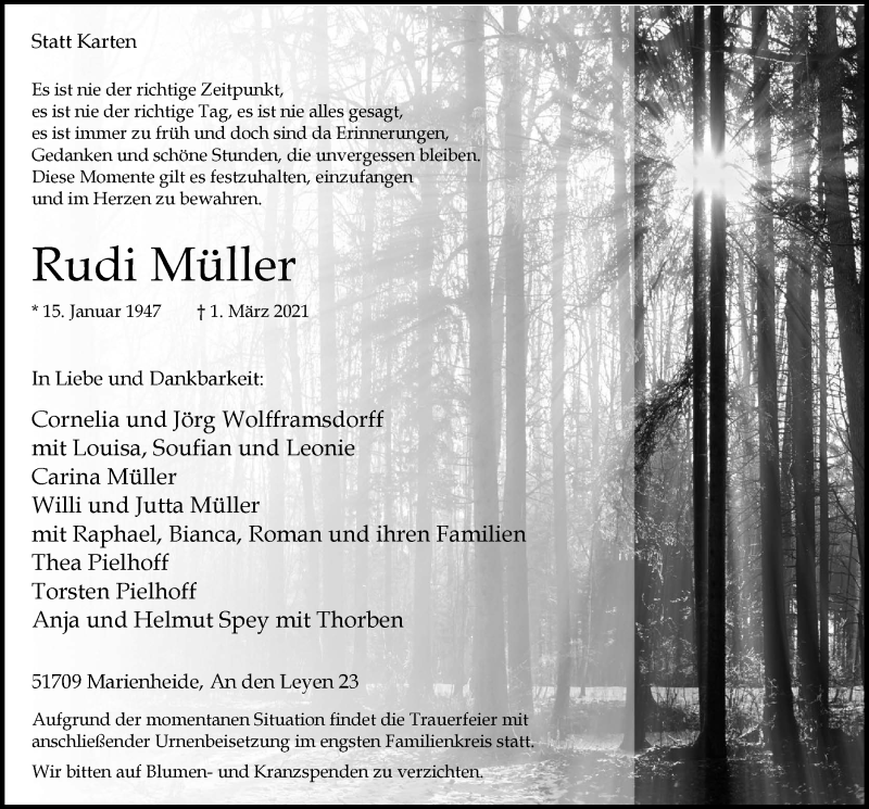  Traueranzeige für Rudi Müller vom 12.03.2021 aus  Anzeigen Echo 