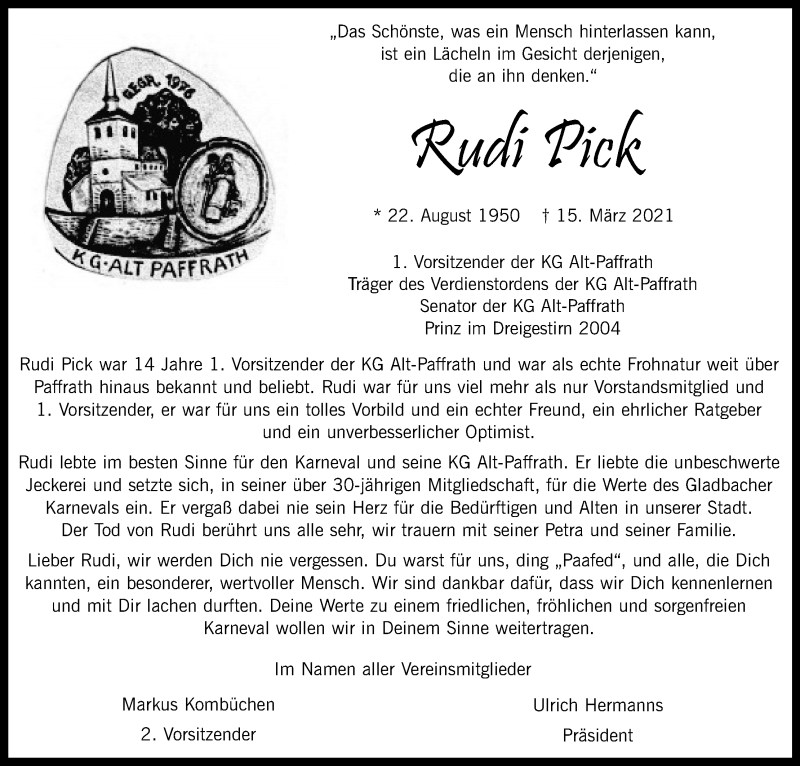  Traueranzeige für Rudi Pick vom 20.03.2021 aus Kölner Stadt-Anzeiger / Kölnische Rundschau / Express