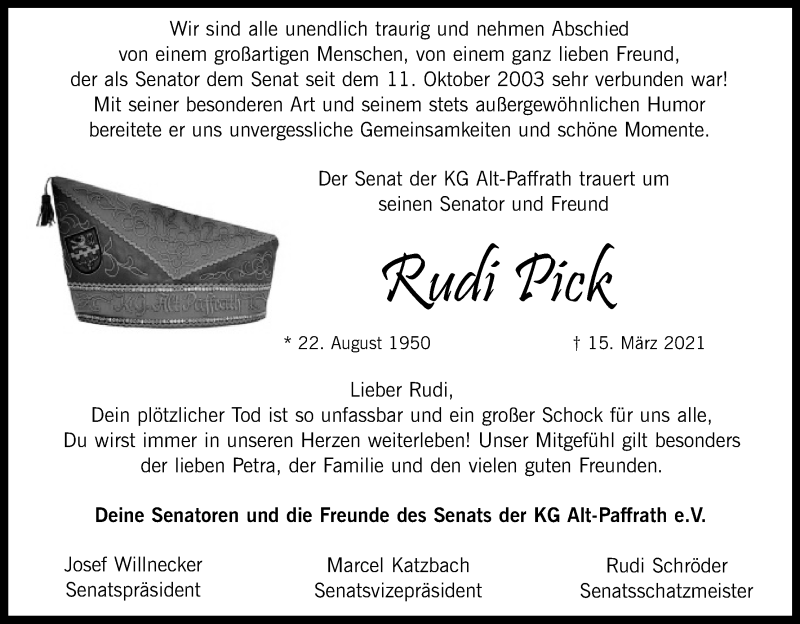  Traueranzeige für Rudi Pick vom 20.03.2021 aus Kölner Stadt-Anzeiger / Kölnische Rundschau / Express