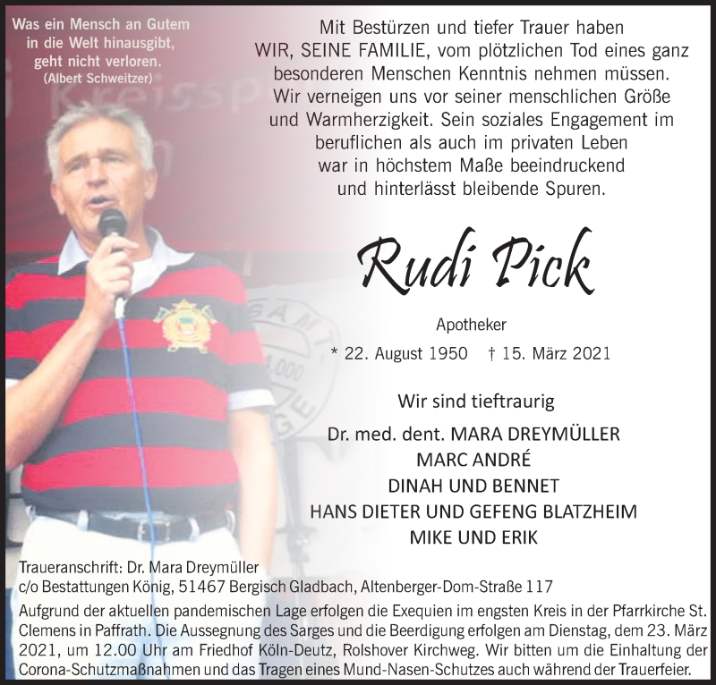  Traueranzeige für Rudi Pick vom 20.03.2021 aus Kölner Stadt-Anzeiger / Kölnische Rundschau / Express
