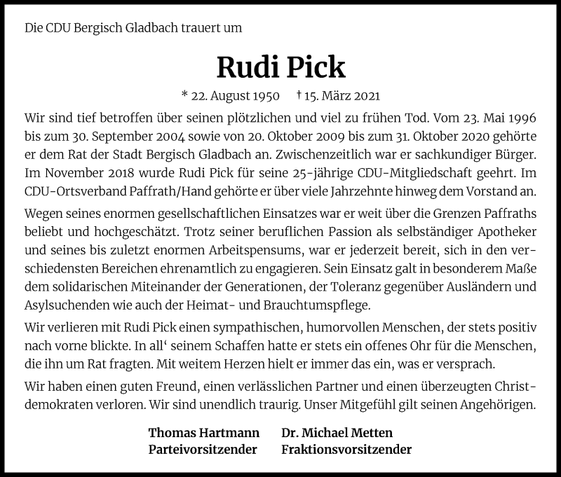  Traueranzeige für Rudi Pick vom 22.03.2021 aus Kölner Stadt-Anzeiger / Kölnische Rundschau / Express