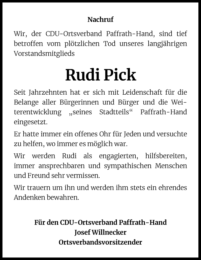  Traueranzeige für Rudi Pick vom 22.03.2021 aus Kölner Stadt-Anzeiger / Kölnische Rundschau / Express