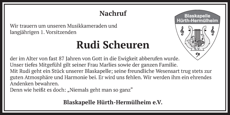  Traueranzeige für Rudi Scheuren vom 26.03.2021 aus  Wochenende  Schlossbote/Werbekurier 