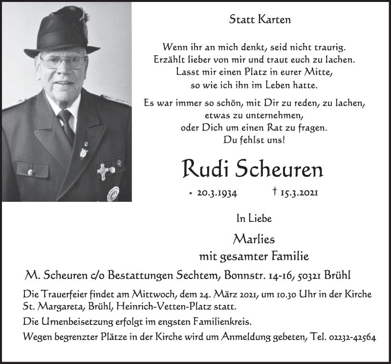  Traueranzeige für Rudi Scheuren vom 19.03.2021 aus  Schlossbote/Werbekurier 