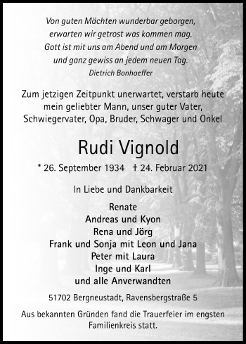 Anzeige von Rudi Vignold von Kölner Stadt-Anzeiger / Kölnische Rundschau / Express